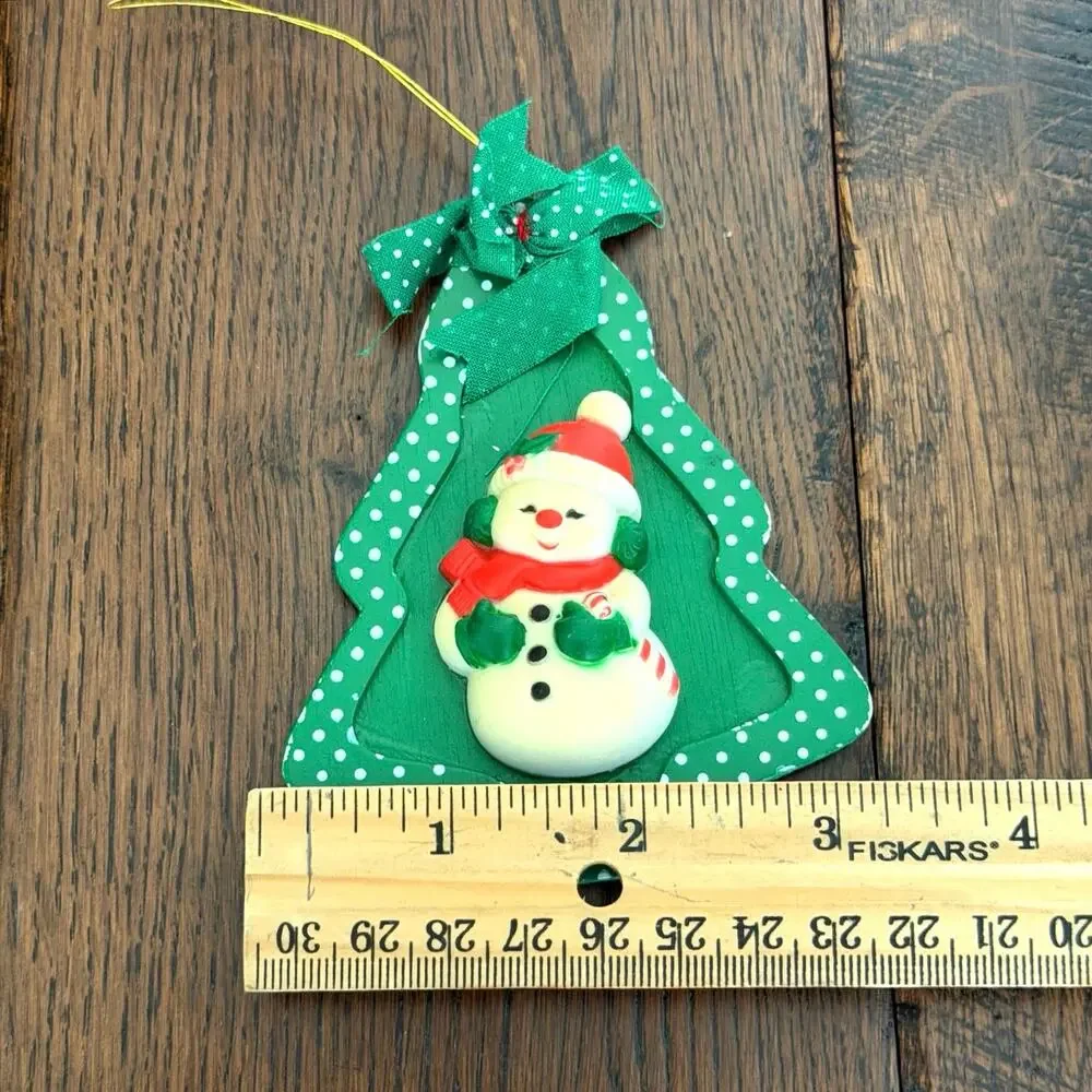 Vintage Christmas Ornaments –Raised Santa & Frosty on Green Polka Dot Background